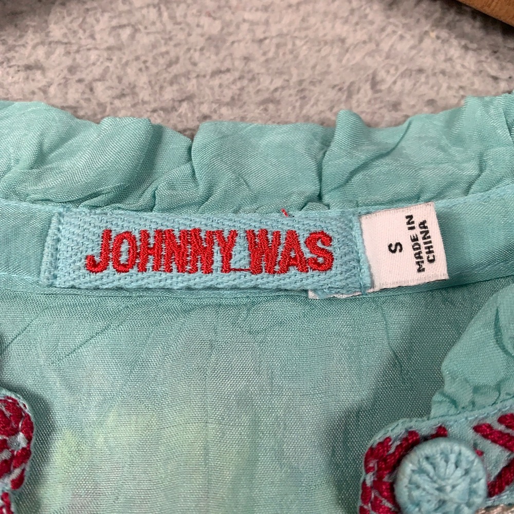 Johnny Was Allbee Blouse Womens Small S Aqua Blue Embroidered Scalloped Boho Top - Picture 5 of 11